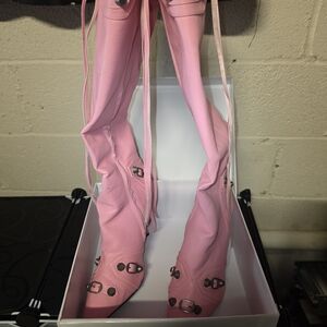 Women's Pink Knee-High Buckle Boots